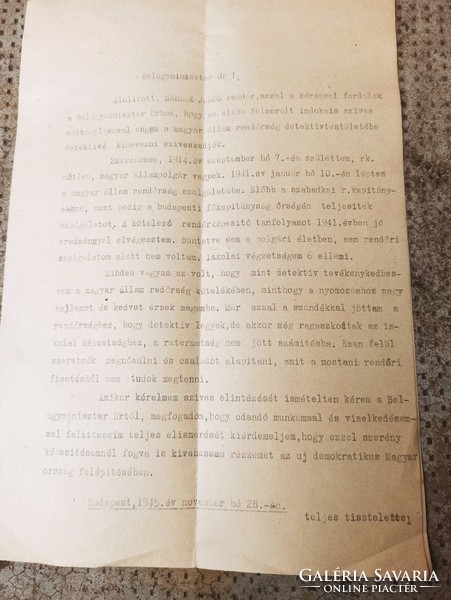 Imre Nagy 1945 to the Minister of the Interior police, detective document, request