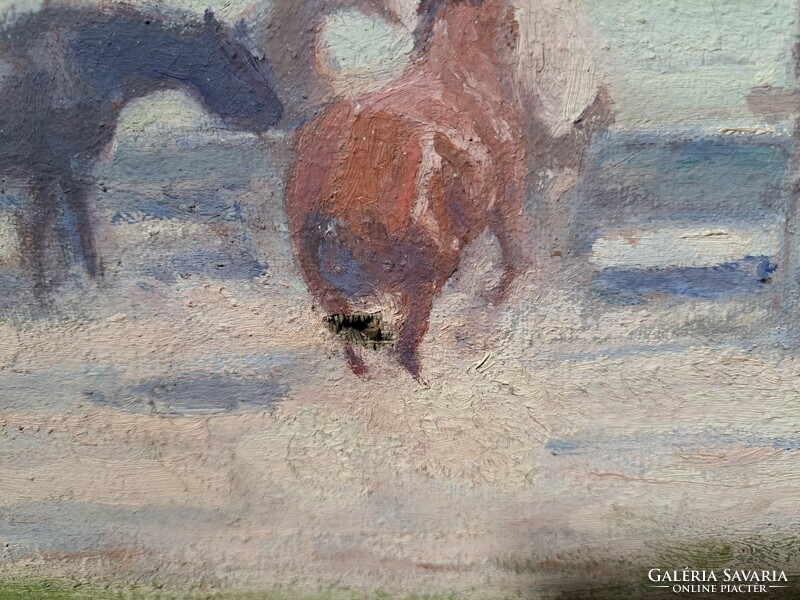 Husvéth Lajos (1896-1956) nagyméretű olaj, vászon - paraszti életkép a tanyán lovakkal, gémeskúttal