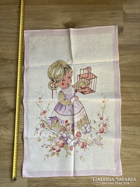 Printed linen tea towel, decorative towel with a baby girl's cage