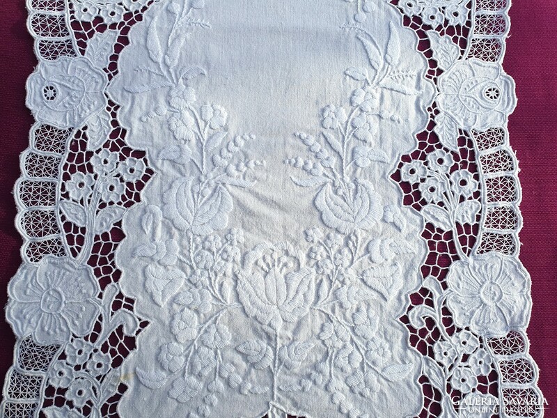 Old Kalocsa rosette white embroidery tablecloth table runner 79x35 cm