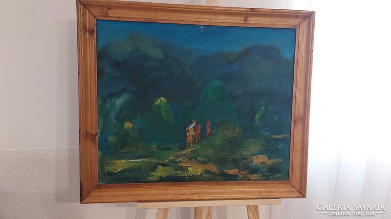 (K) Landscape painting by Árpád Huszthy with 3 figures in a 66x79 cm frame