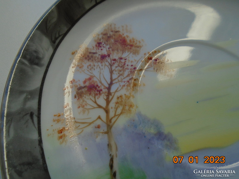 Hand painted lakeside sunrise with swan, cottage, Japanese eggshell porcelain tea cup with coaster