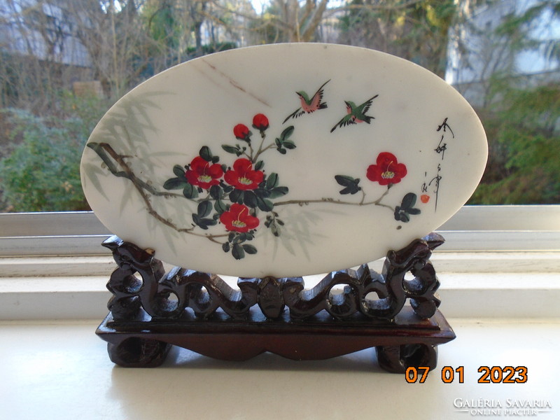 Chinese alabaster sheet with 2 paintings: high mountain landscape and bird flower signed decoration, carving in holder