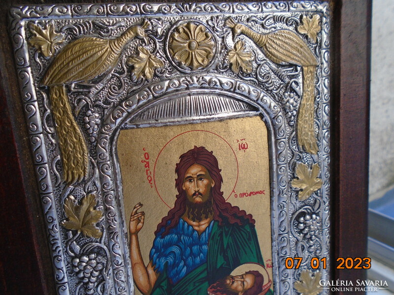 950 ezüst díszes  keretben Keresztelő Szent János aranyozott Bizánci ikon múzeumi másolat certivel