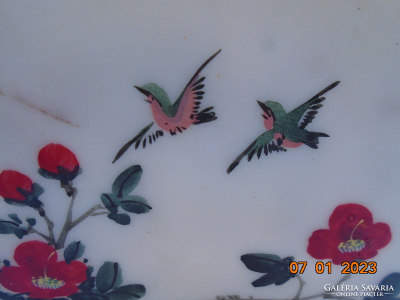 Kínai alabástrom lap 2 festménnyel:magashegyi táj és madár virág szignált dekoráció,faragot tartóban