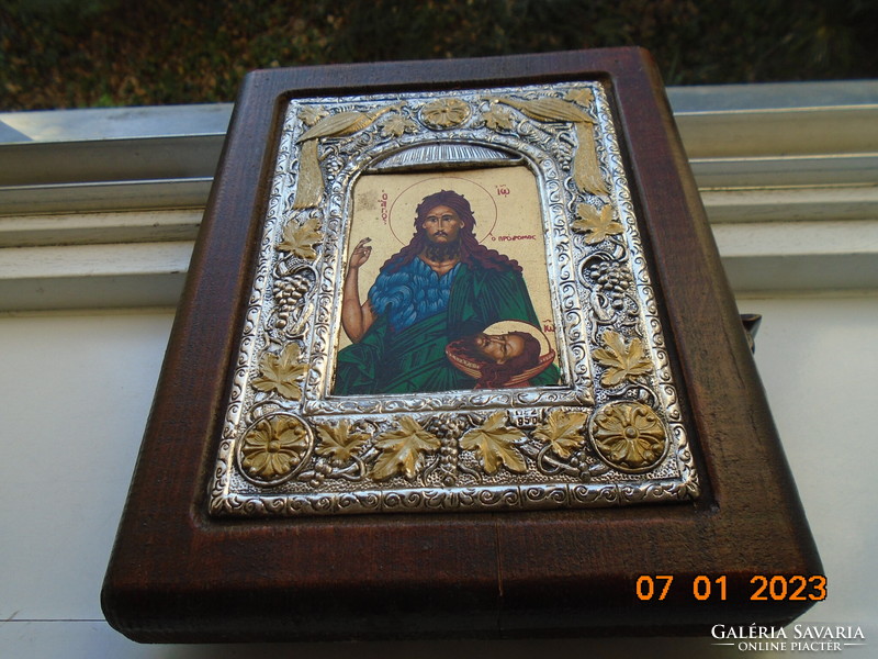 950 A gilded Byzantine icon of Saint John the Baptist in a silver ornate frame, museum copy with certificate