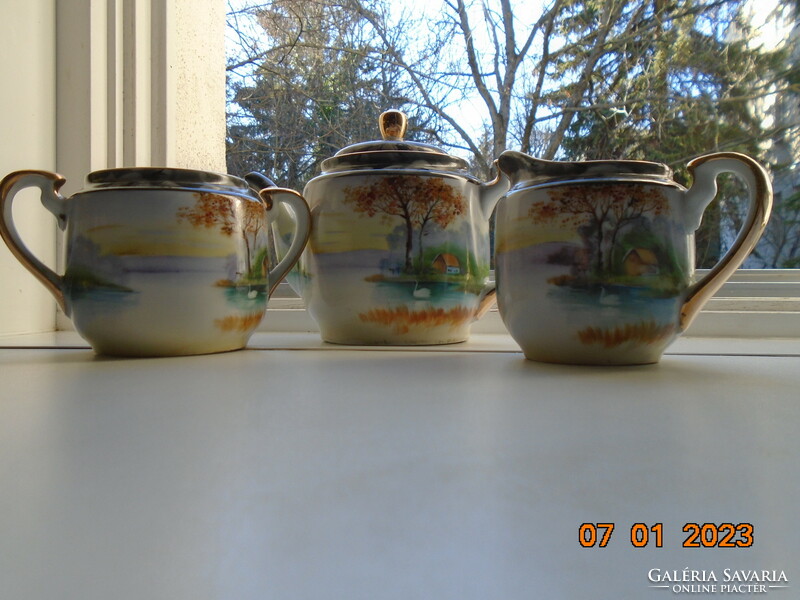 Hand-painted lakeside sunrise with swan, cottage, Japanese porcelain tea servers
