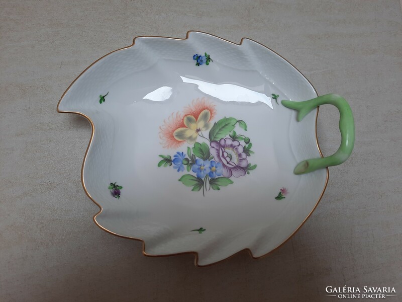 Herend flower-patterned porcelain leaf-shaped serving bowl with handles