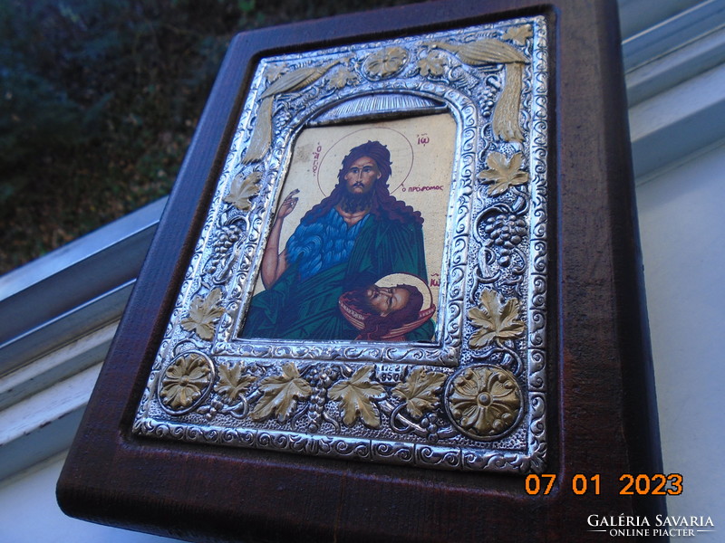 950 A gilded Byzantine icon of Saint John the Baptist in a silver ornate frame, museum copy with certificate