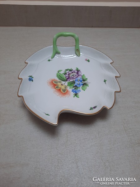 Herend flower-patterned porcelain leaf-shaped serving bowl with handles