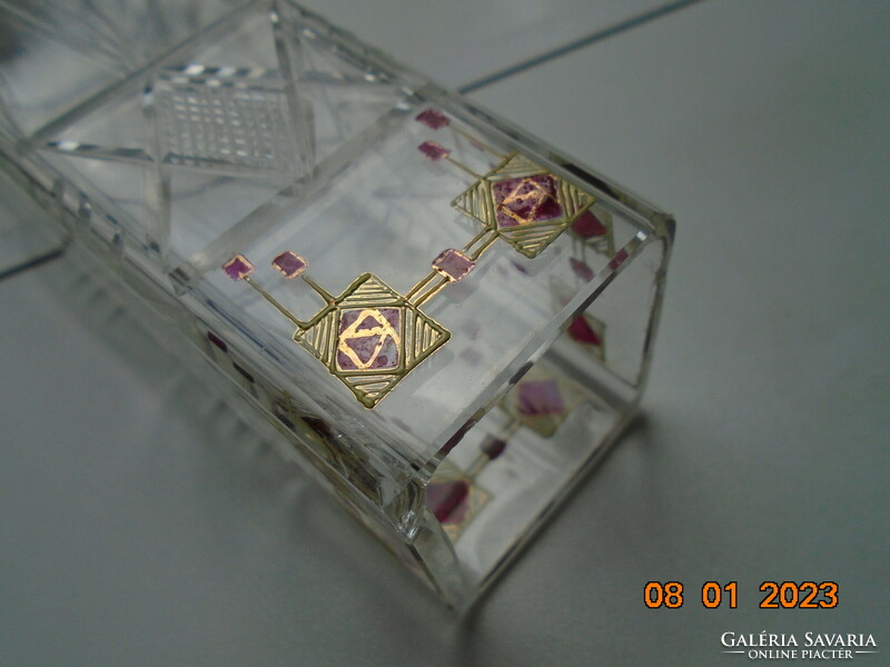 Art Nouveau square moser glass vase with ruby and gold enamel patterns. With diamond cuts