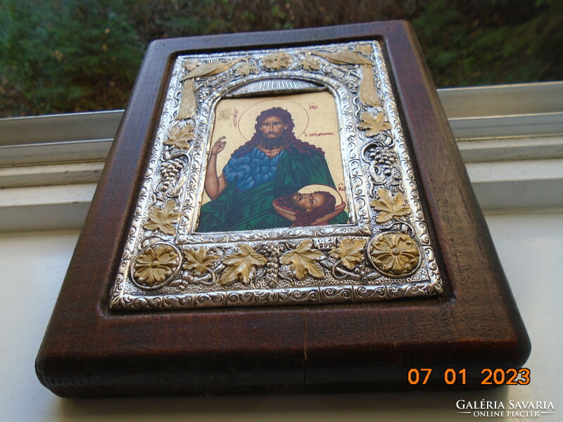 950 A gilded Byzantine icon of Saint John the Baptist in a silver ornate frame, museum copy with certificate