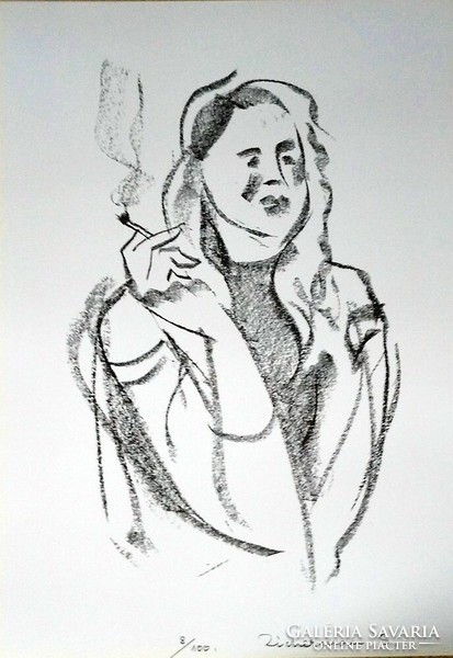Sándor Zicherman: woman smoking a cigarette - numbered, signed lithograph