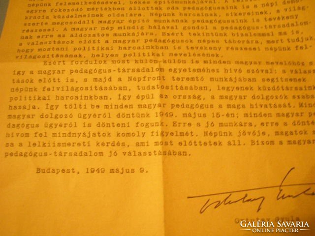 U15 Ortutay Gyula 1949-es  körlevele Vallási közoktatási Minisztérium  pecsétes 1949 május