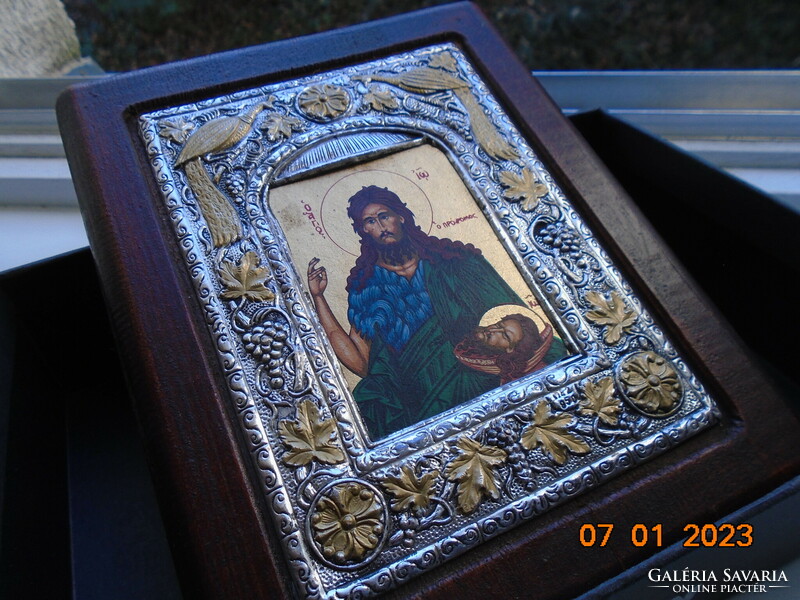 950 A gilded Byzantine icon of Saint John the Baptist in a silver ornate frame, museum copy with certificate