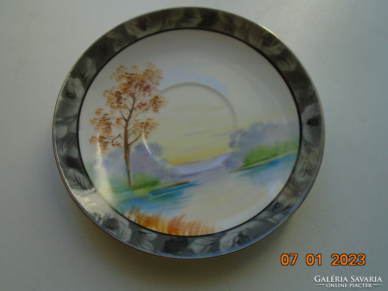 Kézzel festett tóparti Napkelte hattyúval,házikóval,japán tojáshéj porcelán teás csésze alátéttel