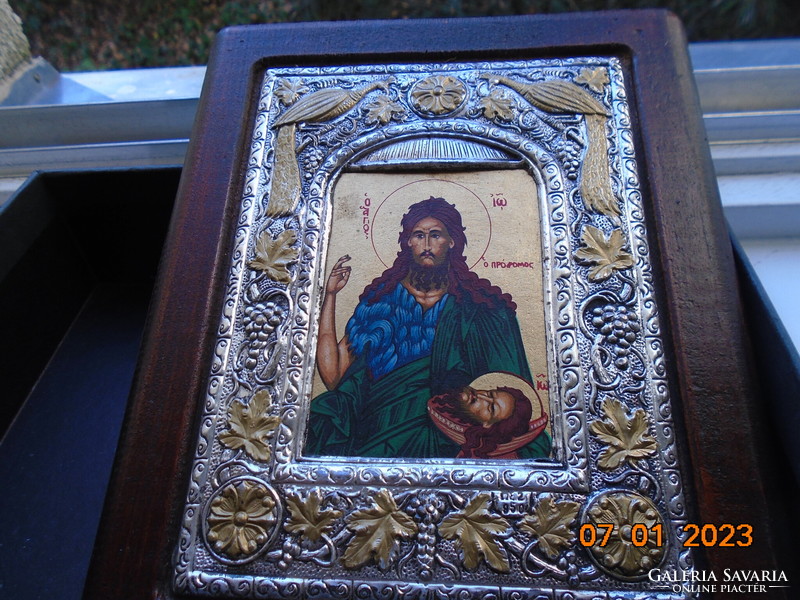 950 A gilded Byzantine icon of Saint John the Baptist in a silver ornate frame, museum copy with certificate