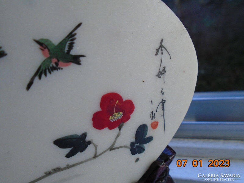 Kínai alabástrom lap 2 festménnyel:magashegyi táj és madár virág szignált dekoráció,faragot tartóban