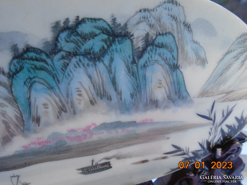 Chinese alabaster sheet with 2 paintings: high mountain landscape and bird flower signed decoration, carving in holder