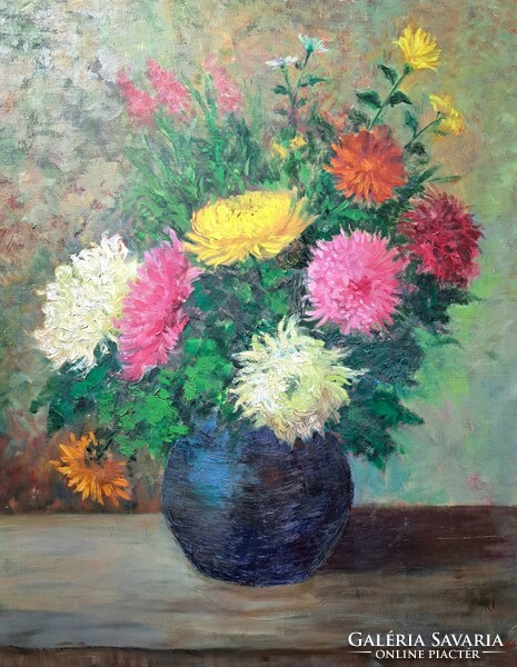 Colorful floral still life - oil painting 80x65 cm - with monogram gj, 1966