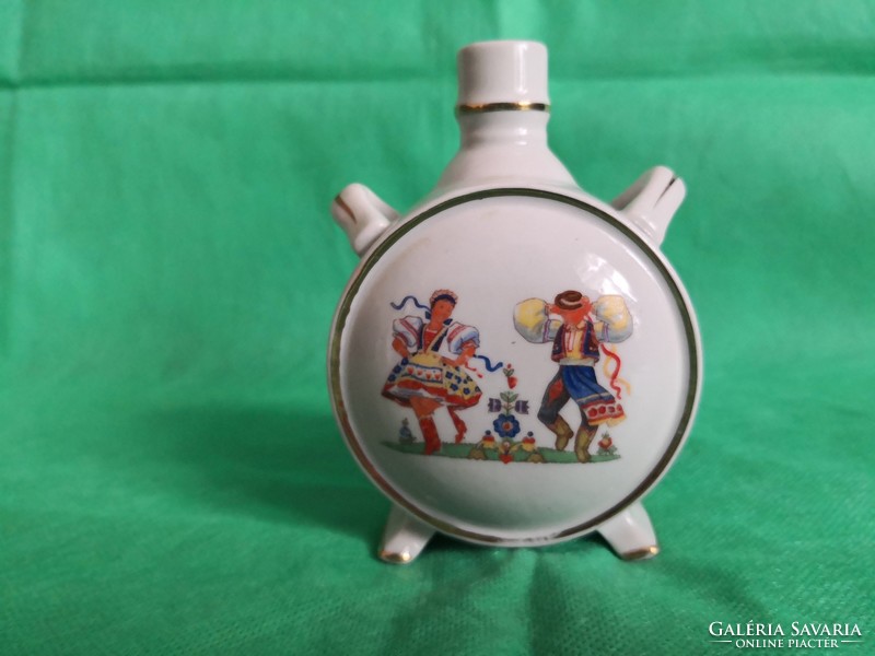 An antique Kispest porcelain water bottle, a shepherd playing the flute and his lover, a dancing couple, two separate scenes!