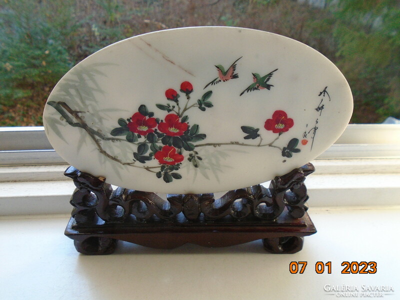 Chinese alabaster sheet with 2 paintings: high mountain landscape and bird flower signed decoration, carving in holder