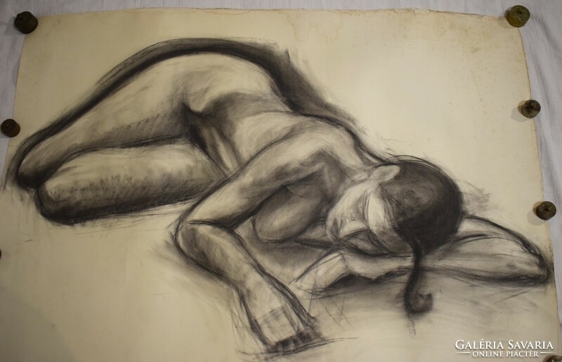 Nude pencil drawing reclining female figure old picture larger size 68 x 96 cm