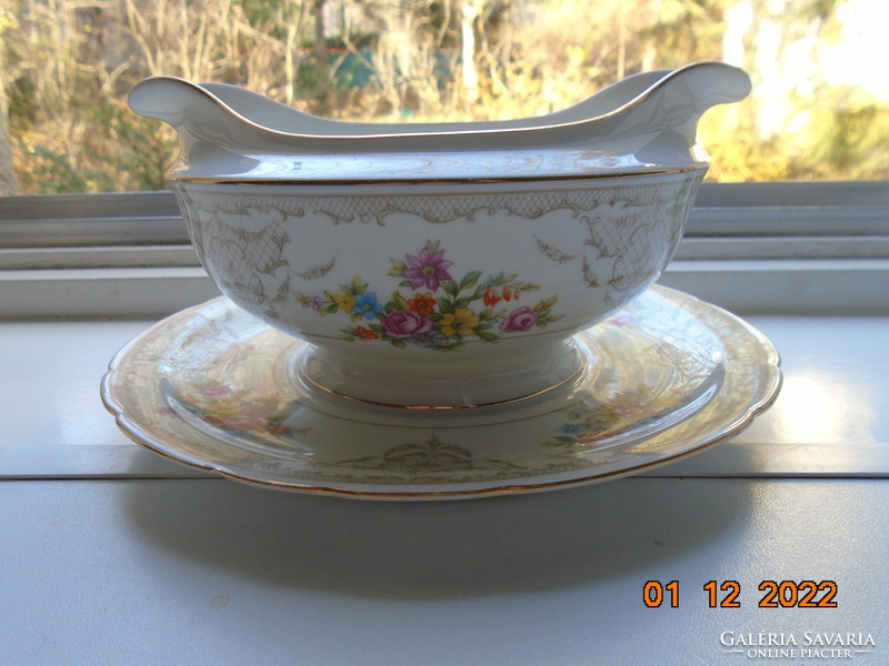 Antique Czech rose garland with baroque grid pattern, colorful flower bouquets. Marked, numbered sauce bowl