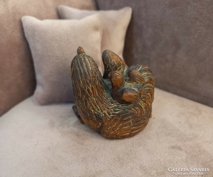 Japanese wood carving with netuke rooster chicks