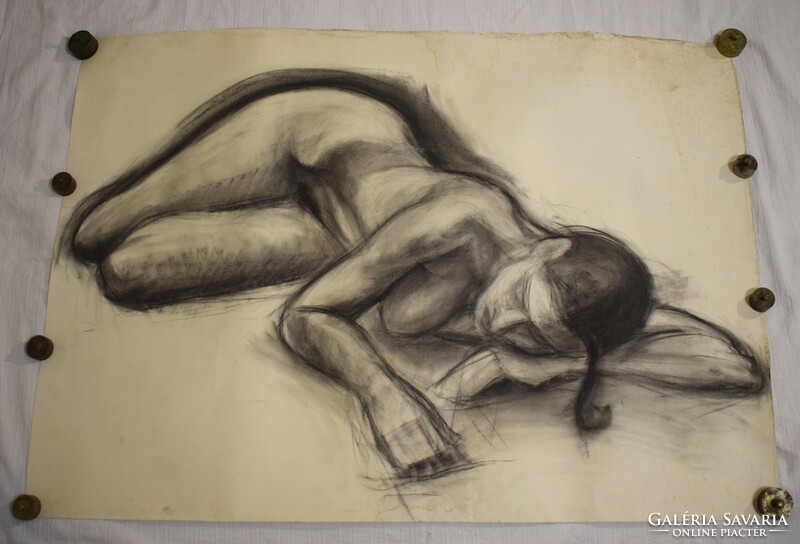 Nude pencil drawing reclining female figure old picture larger size 68 x 96 cm