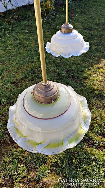Old kitchen ceiling lamp, chandelier, pendant lamp with a frilled edge, painted glass cover.