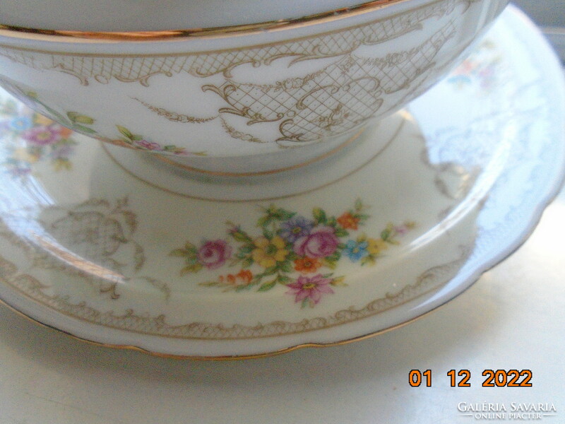 Antique Czech rose garland with baroque grid pattern, colorful flower bouquets. Marked, numbered sauce bowl