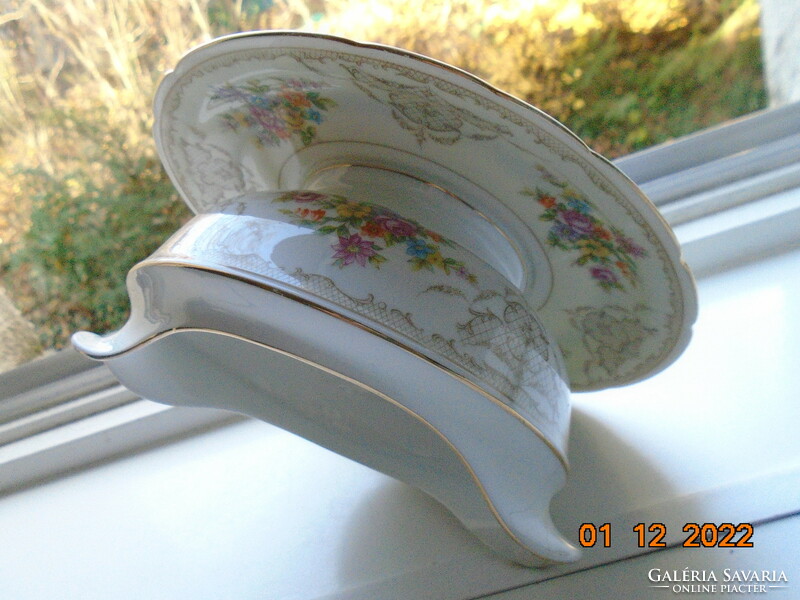 Antique Czech rose garland with baroque grid pattern, colorful flower bouquets. Marked, numbered sauce bowl