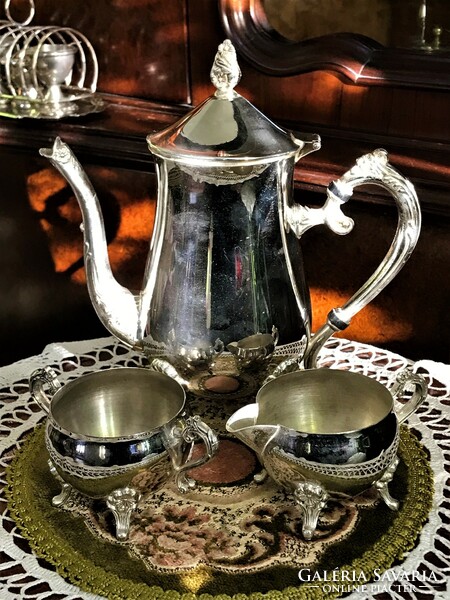 Fantasztikus, vintage, vastagon ezüstözött, teás, kávés készlet gyönyörű virágmintával