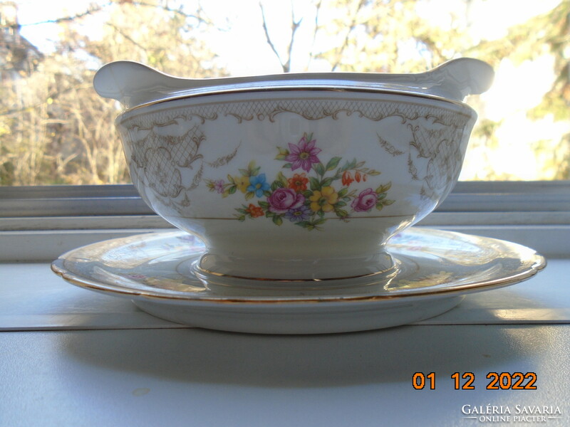 Antique Czech rose garland with baroque grid pattern, colorful flower bouquets. Marked, numbered sauce bowl