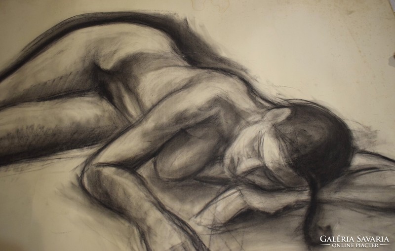 Nude pencil drawing reclining female figure old picture larger size 68 x 96 cm