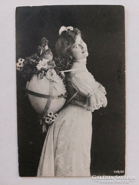 Old Easter postcard photo postcard lady egg chicken