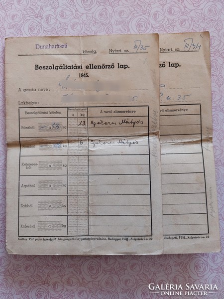 Régi dokumentum 1945 Beszolgáltatási ellenőrző lap 2 db