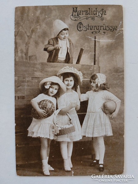 Régi húsvéti képeslap 1918 fotó levelezőlap kislányok