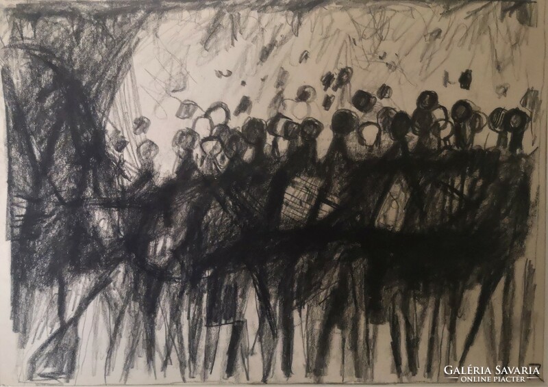 András Rác (1926 - 2013) marching mass charcoal drawing with original guarantee!