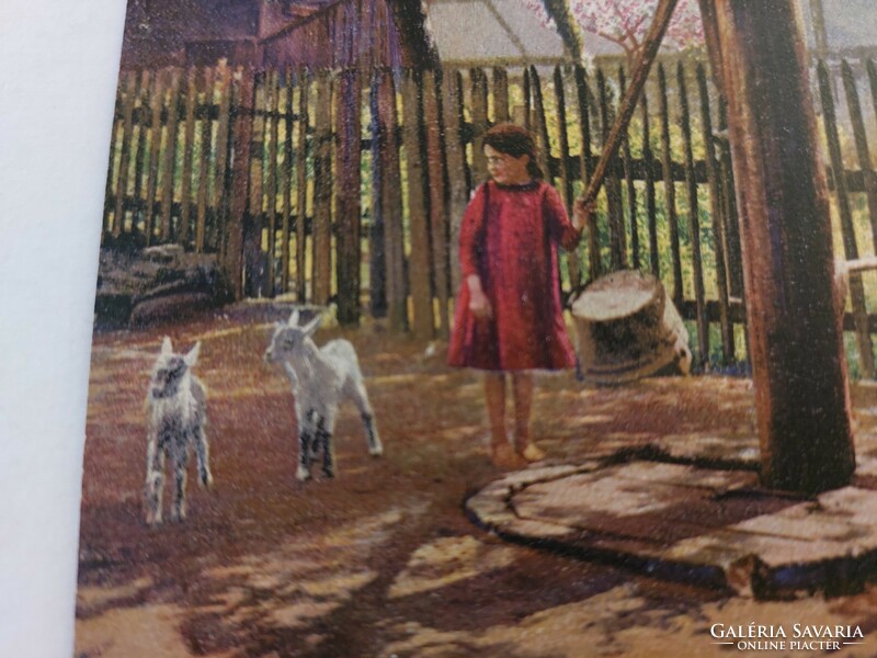 Old postcard postcard spring little girls little goats