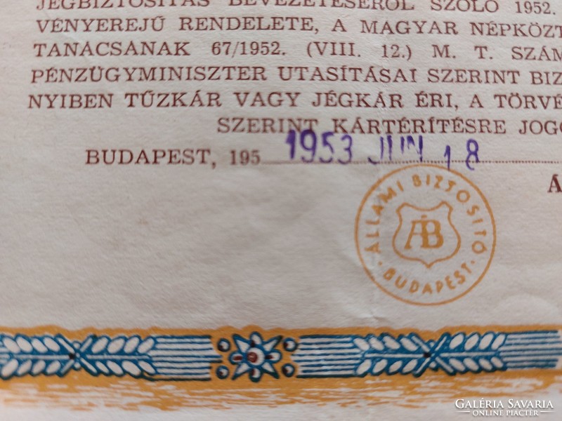 Régi dokumnetum 1953 ÁB Biztosítási Okirat