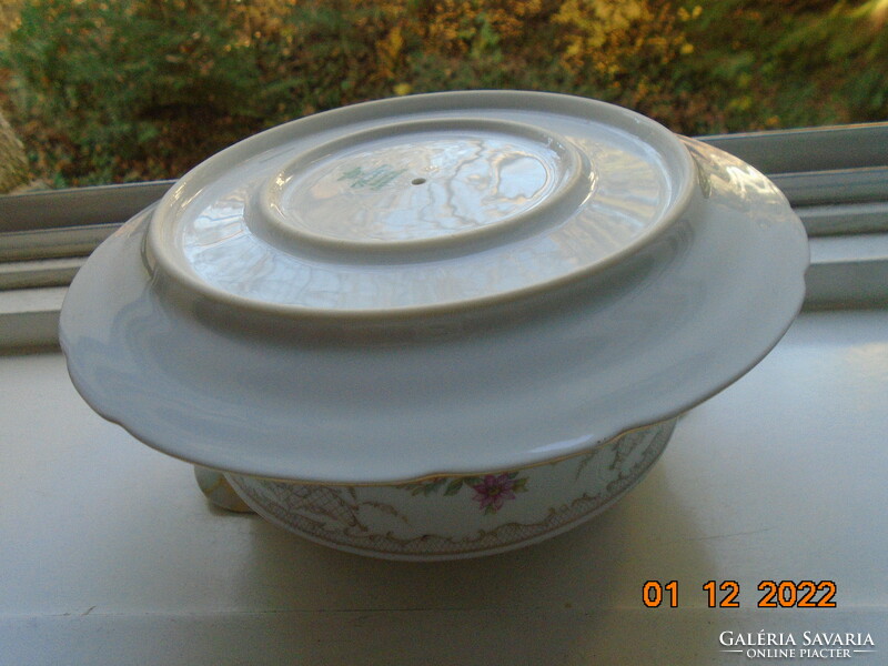 Antique Czech rose garland with baroque grid pattern, colorful flower bouquets. Marked, numbered sauce bowl