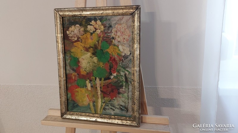 (K) Szép antik virágcsendélet festmény 32x44 cm kerettel