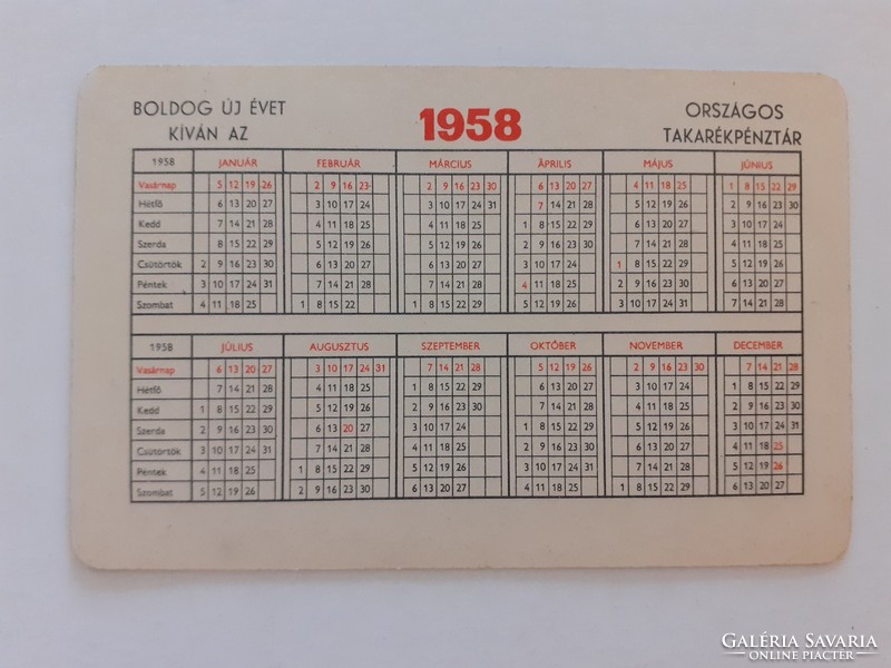 Régi naptár 1958 kártyanaptár Országos Takarékpénztár