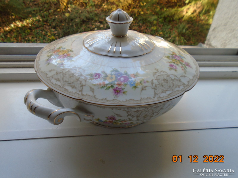 Antique Czech rose garland with a baroque grid pattern, serving bowl with colorful flower bouquets with domed lid