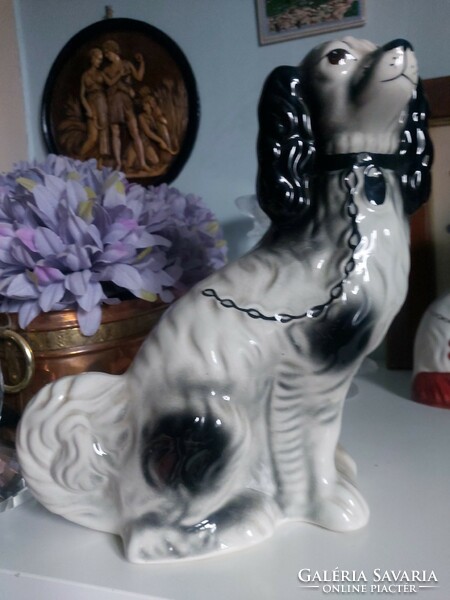 Nagyon ritka, hatalmas angol kerámia Staffordshire fekete fehér kutya pár 30 cm magas