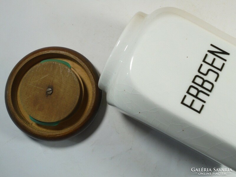 Antique marked faience kitchen storage container - erbsen pea inscription - with wooden lid from the early 1900s
