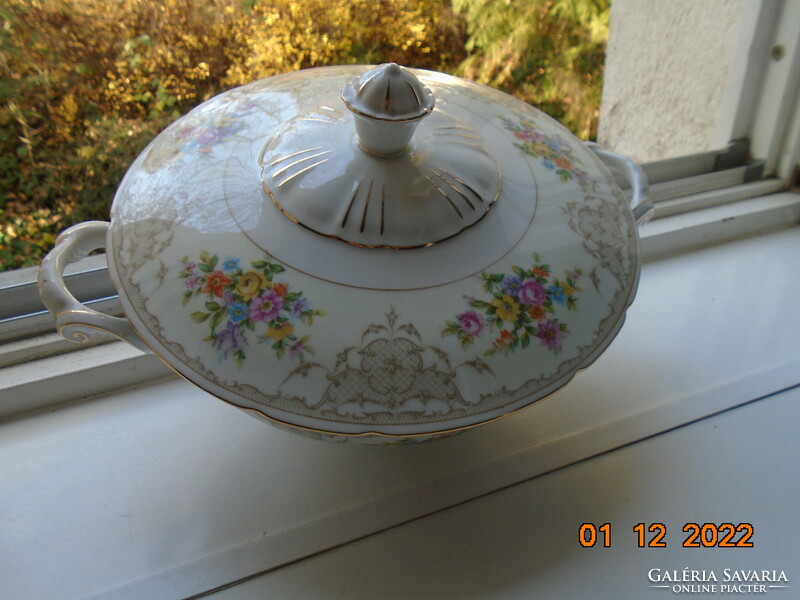 Antique Czech rose garland with a baroque grid pattern, serving bowl with colorful flower bouquets with domed lid