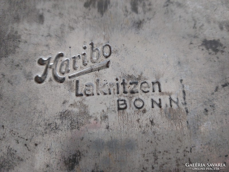 Régi bonbonos fémdoboz ciklámen mintás vintage Haribo Lakritzen Bonn nagy díszdoboz